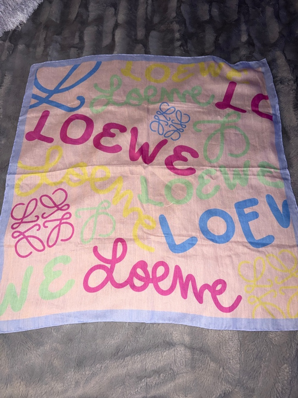 Preloved Loewe Pastel Multicolor Logo Scarf with Blue Border 80 cotton 20 silk.